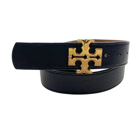 Tory Burch Reversible Belt S/M Black Brown Pebbled Leather Gold Logo Buckle 1.5" - Picture 2 of 6